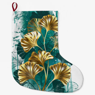 Branch with Golden Leaves Ginko Biloba Large Christmas Stocking