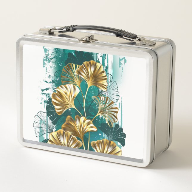 Branch with Golden Leaves Ginko Biloba Metal Lunch Box (Front)