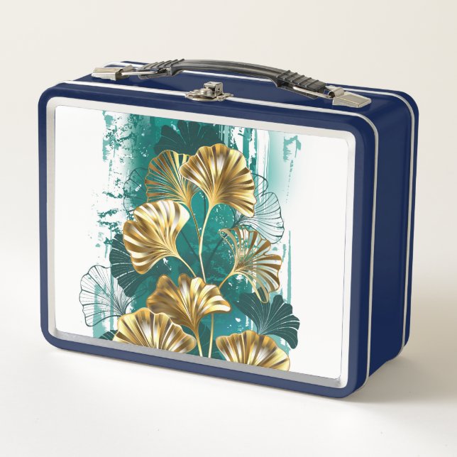 Branch with Golden Leaves Ginko Biloba Metal Lunch Box (Front)