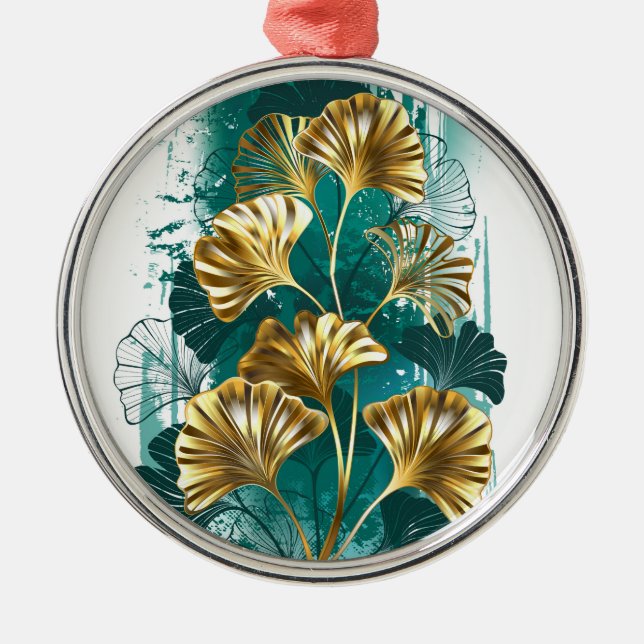Branch with Golden Leaves Ginko Biloba Metal Ornament (Front)