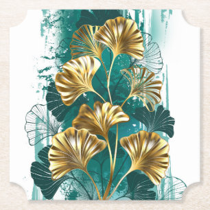 Branch with Golden Leaves Ginko Biloba Paper Coaster