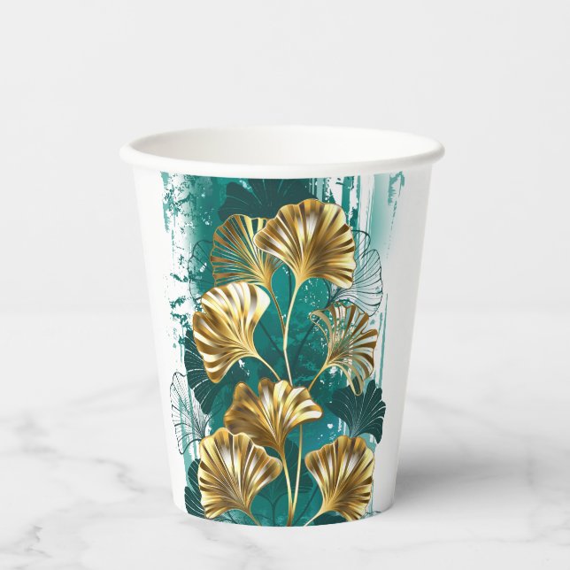 Branch with Golden Leaves Ginko Biloba Paper Cups (Front)