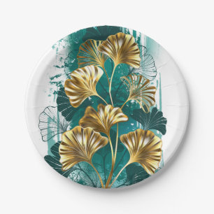 Branch with Golden Leaves Ginko Biloba Paper Plate