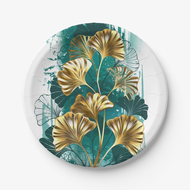 Branch with Golden Leaves Ginko Biloba Paper Plate (Front)