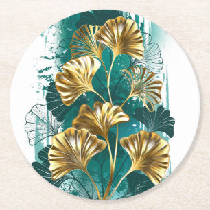 Branch with Golden Leaves Ginko Biloba Round Paper Coaster