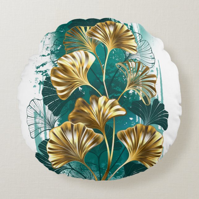 Branch with Golden Leaves Ginko Biloba Round Pillow (Front)