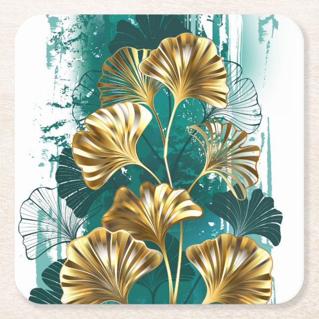 Branch with Golden Leaves Ginko Biloba Square Paper Coaster (Front)