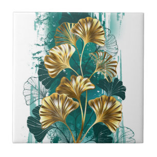 Branch with Golden Leaves Ginko Biloba Tile
