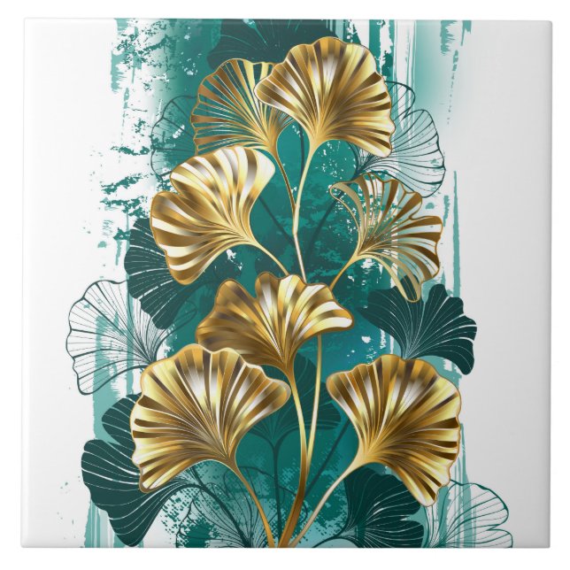 Branch with Golden Leaves Ginko Biloba Tile (Front)