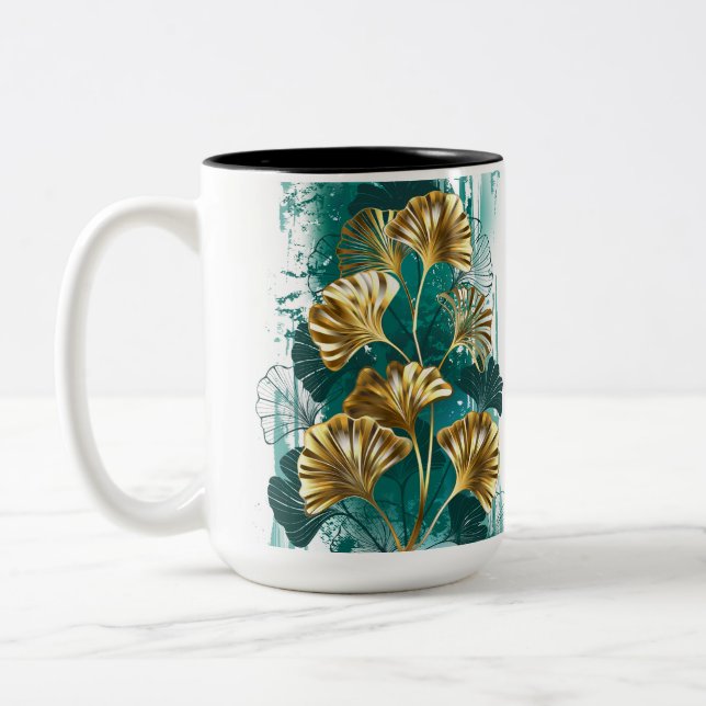 Branch with Golden Leaves Ginko Biloba Two-Tone Coffee Mug (Left)