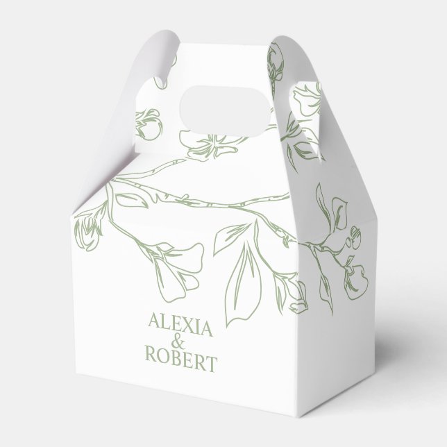 Branch with line art sage green flowers wedding favor box (Front Side)