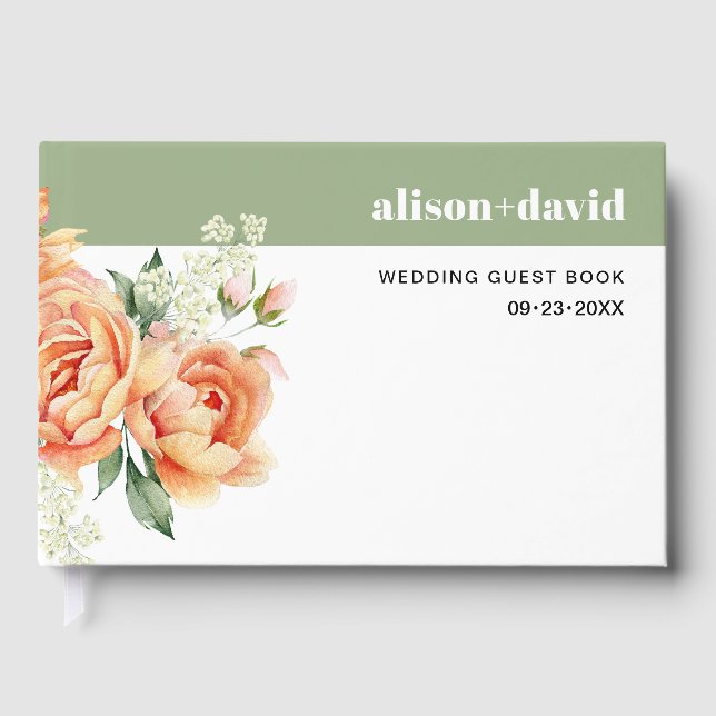 Branch with peach frose flowers floral wedding guest book (Front)