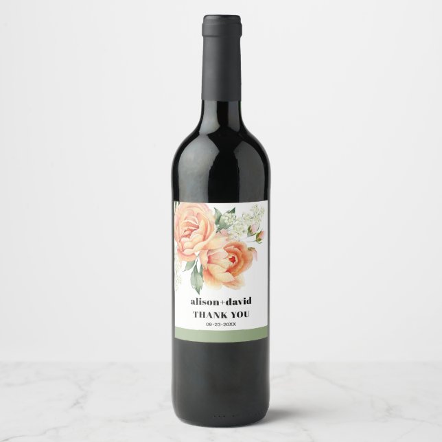 Branch with peach rose bold typography wedding wine label (Front)