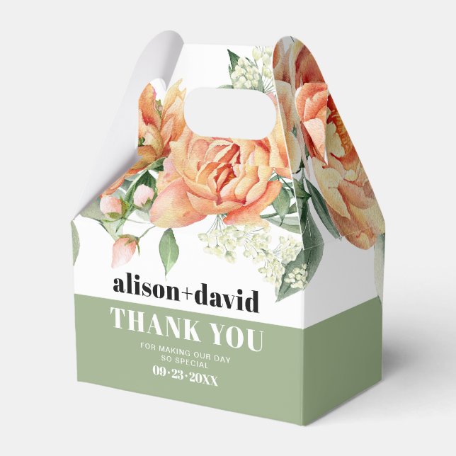 Branch with peach rose flowers typography wedding favor box (Front Side)
