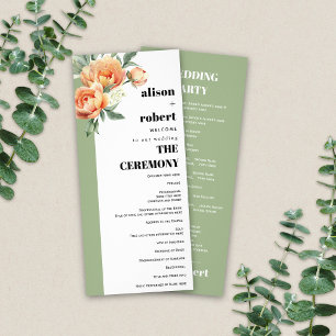 Branch with peach roses sage wedding program