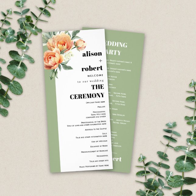 Branch with peach roses sage wedding program (Creator Uploaded)