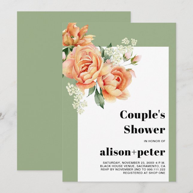 Branch with peach roses weddding couple's shower invitation (Front/Back)