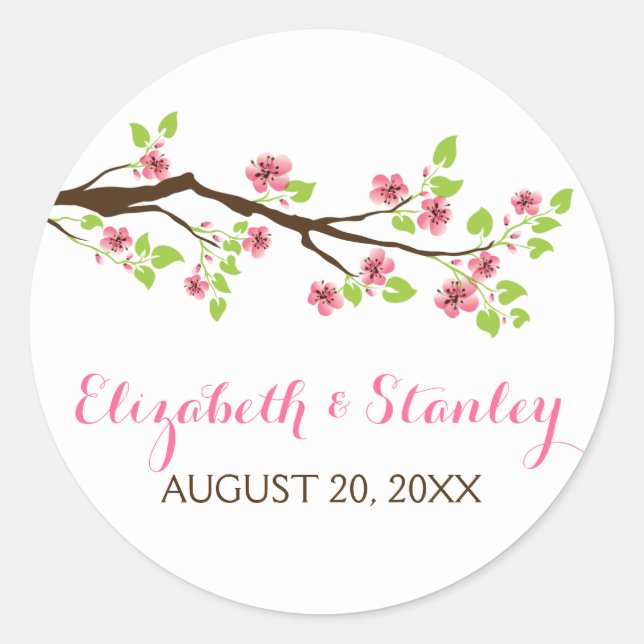 Branch with pink cherry blossoms spring wedding classic round sticker (Front)