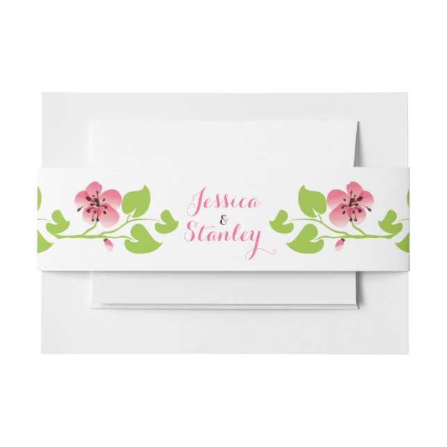 Branch with pink cherry blossoms spring wedding invitation belly band (Front Example)