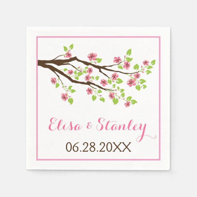 Branch with pink cherry blossoms spring wedding napkin (Front)