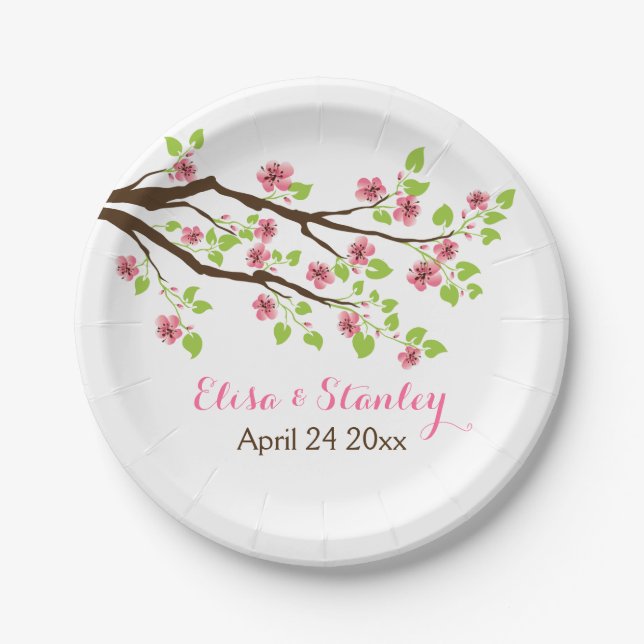 Branch with pink cherry blossoms spring wedding paper plate (Front)