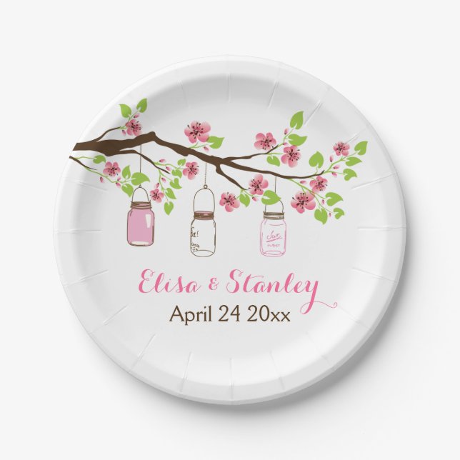 Branch with pink cherry blossoms spring wedding paper plate (Front)