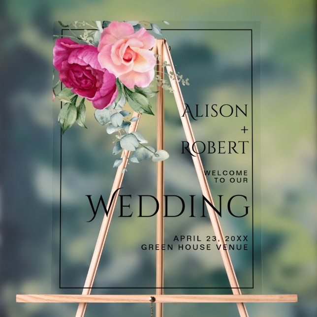 Branch with pink rose flowers WELCOME wedding Acrylic Sign (Neutral)