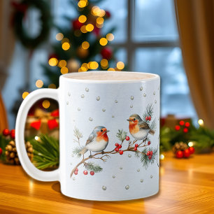 Branch with robin birds and berries Christmas Coffee Mug