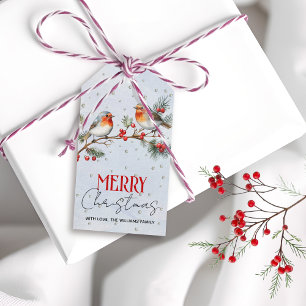 Branch with robin birds and berries Christmas Gift Tags
