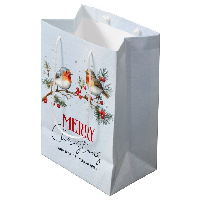 Branch with robin birds and berries Christmas Medium Gift Bag (Front Angled)
