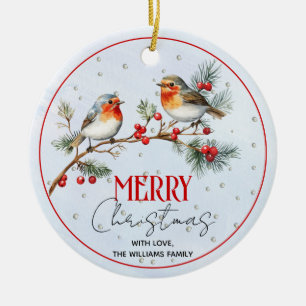 Branch with robin birds, berries Christmas photo Ceramic Ornament