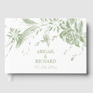 Branch with sage green and white flowers wedding guest book