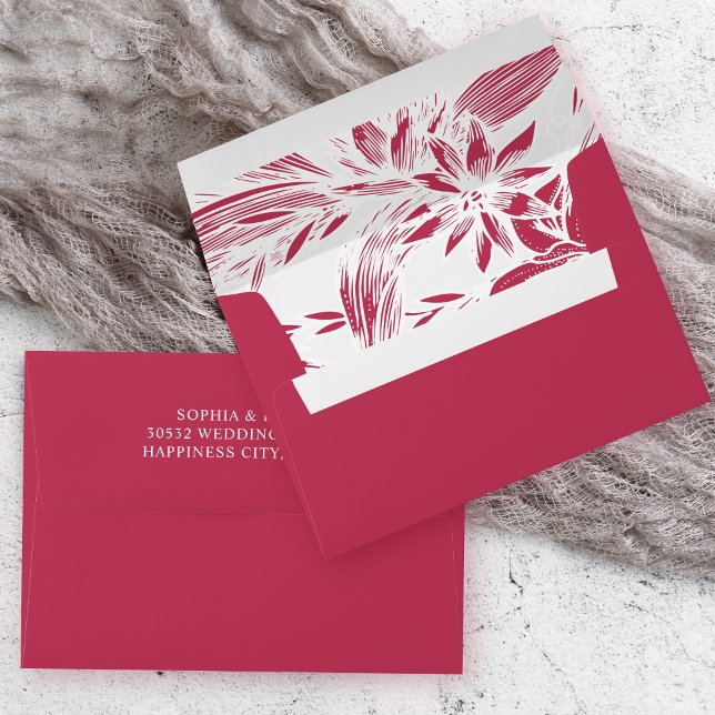 Branch with viva magenta and white flowers wedding envelope (Creator Uploaded)
