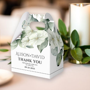 Branch with white flowers black typography wedding favor box