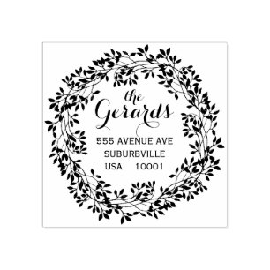 Branch Wreath Leaves Address Custom Rubber Stamp