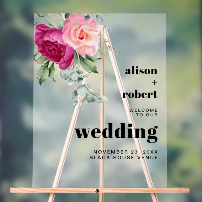 Branche avec rose rose gelé mariage WELCOME (Neutre)