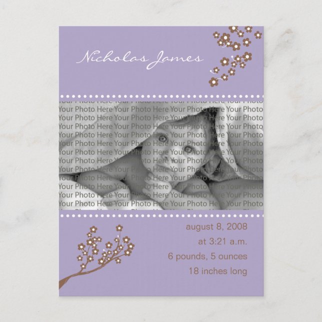 Branche de Faire-part de naissance pourpre de bébé (Devant)