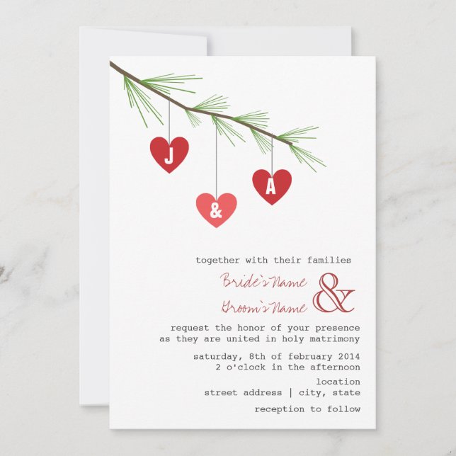 Branche de pin et faire-part de mariage de coeurs (Devant)