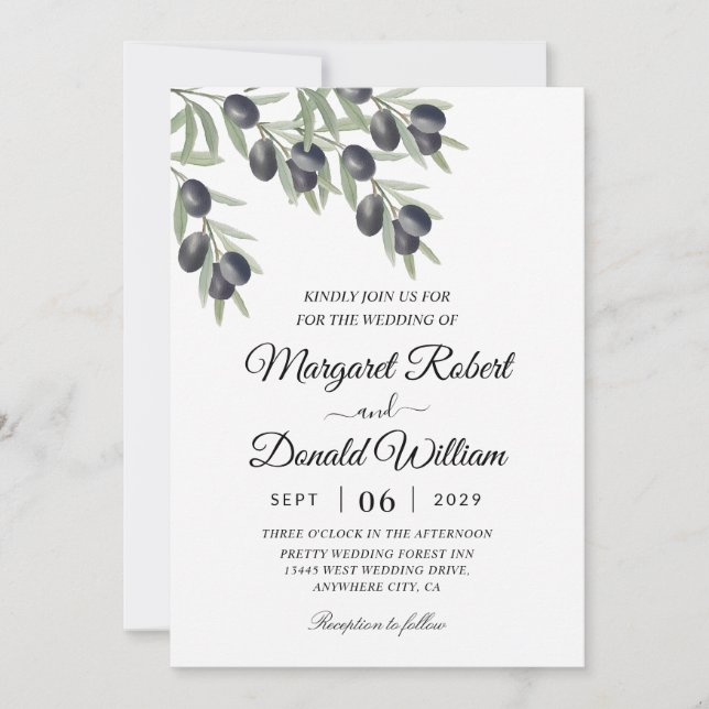 branche d'olivier noir eau mariage invitations (Devant)
