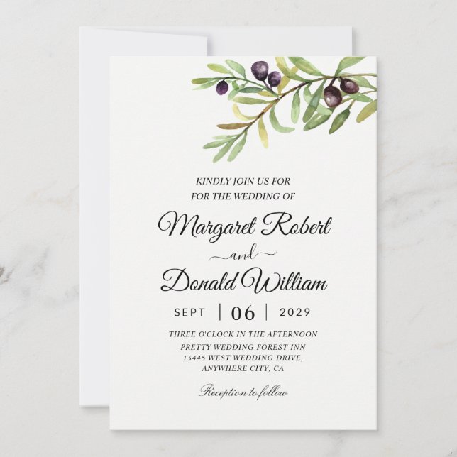 branche d'olivier watercolor invitations de mariag (Devant)