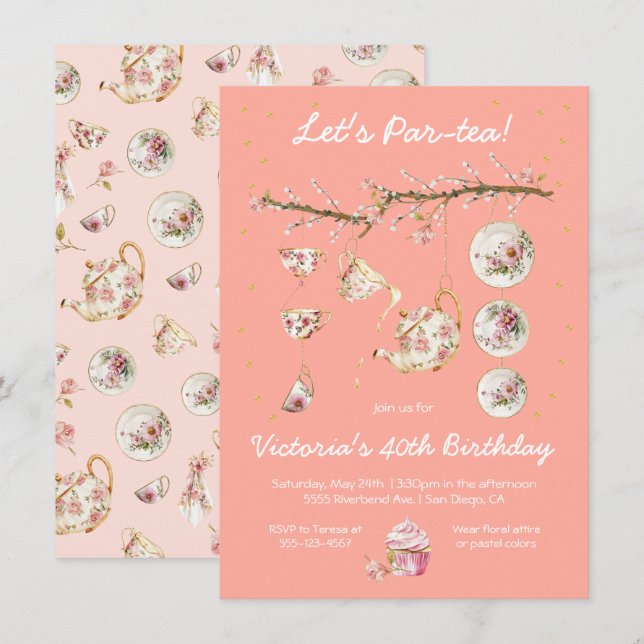 Branche Floral Tea Party Anniversaire Invitation (Devant / Derrière)