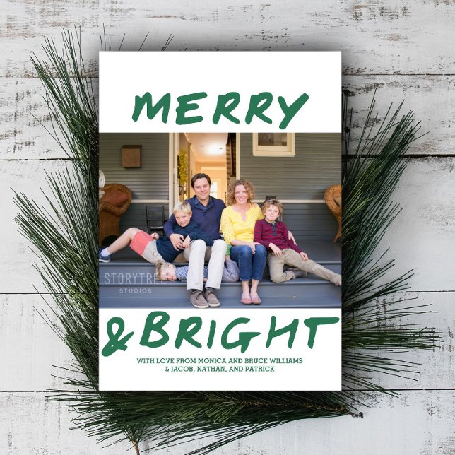 Branché Merry et Carte photo lumineux | Vert (Green Merry and Bright Christmas Photo Card)