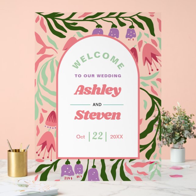 Branches boho rétro avec fleurs bienvenue mariage (Mariage)