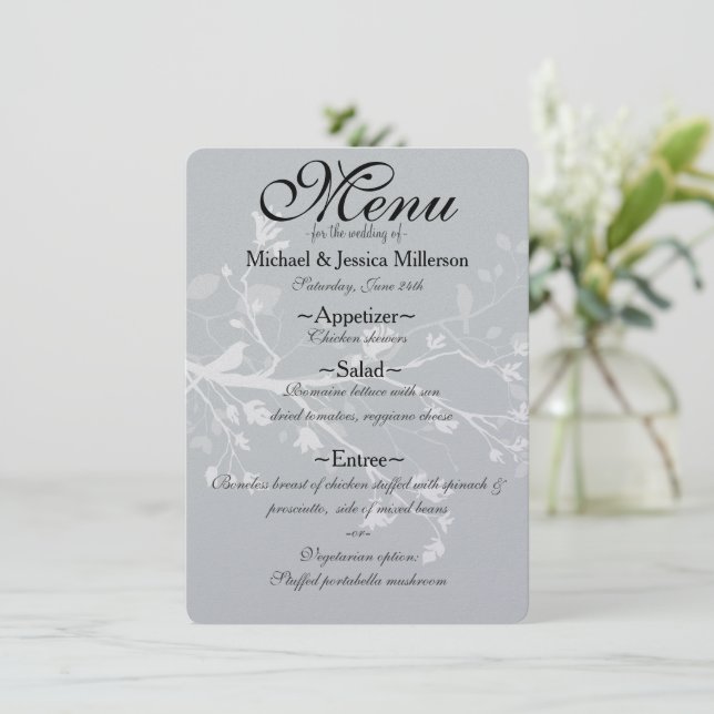 Branches d'oiseaux gris blanc Menu Mariage (Debout devant)