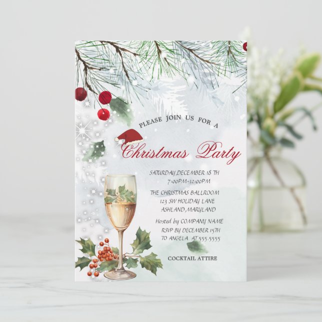  Branches,Glass, Holly Berry,Corporate Christmas Invitation (Standing Front)