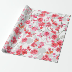 Branches of cherry blossoms on white and gray back wrapping paper