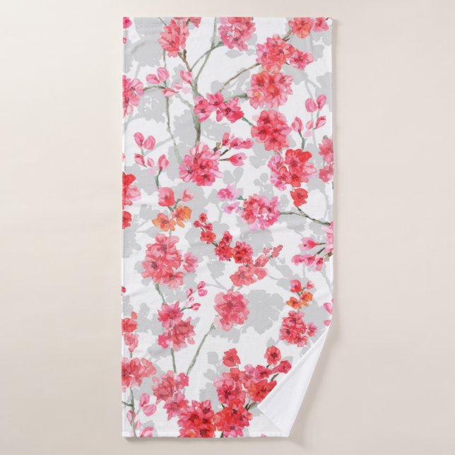 Branches of cherry blossoms on white and grey back bath towel (Bath Towel)