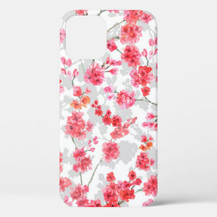 Branches of cherry blossoms on white and grey back iPhone 12 case