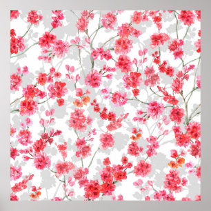 Branches of cherry blossoms on white and grey back poster