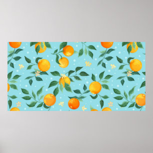 Branches of oranges with flowers on a blue backgro poster